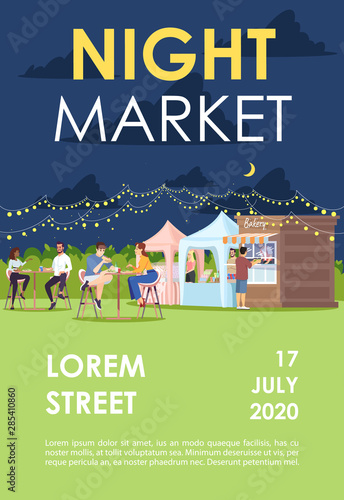 Night market brochure template. Food court at summer outdoor city fest. Flyer, booklet, leaflet concept with flat illustrations. Vector page layout for magazine. Advertising invitation with text space