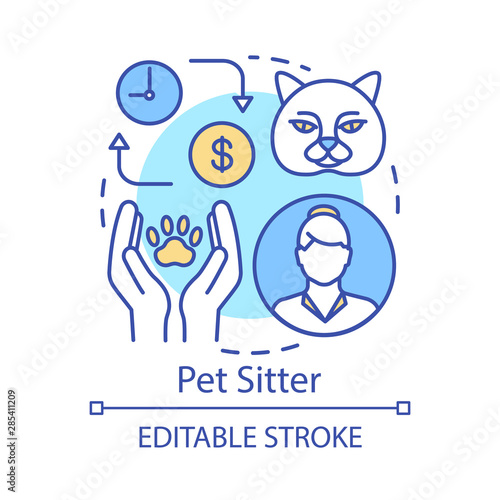 Pet sitter concept icon. Domestic animal care idea thin line illustration. Part time job. Temporary employment. Pet nanny, concierge, sitting service. Vector isolated outline drawing. Editable stroke