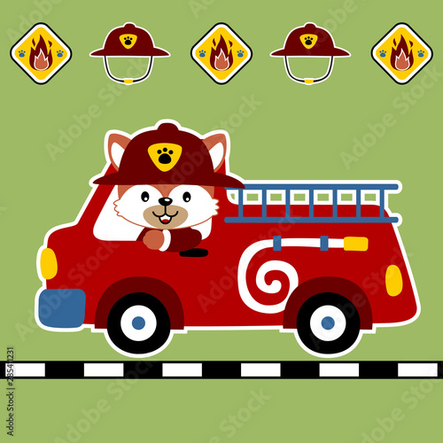 cute firefighter with fire engine symbol, vector cartoon illustration