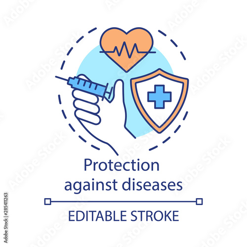 Protection against diseases concept icon. Healthy lifestyle idea thin line illustration. Vaccination, inoculation .Shield with cross, syringe and heart vector isolated outline drawing. Editable stroke