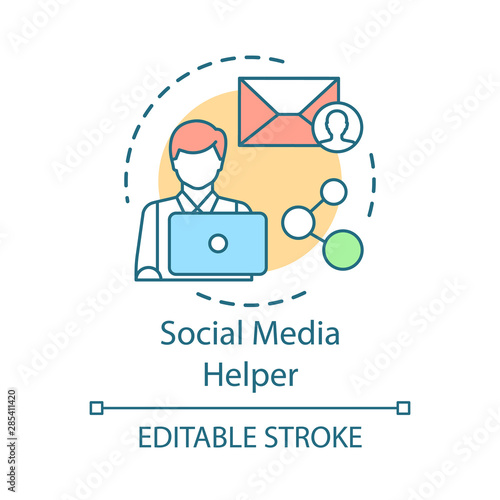Social media helper concept icon. Users support operator, consultant idea thin line illustration. Customer service. SMM manager, digital marketer. Vector isolated outline drawing. Editable stroke