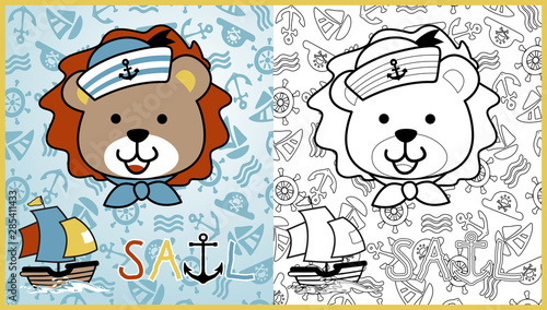 vector cartoon of lion the sailor with sail boat on sailing equipment background pattern, coloring book or page