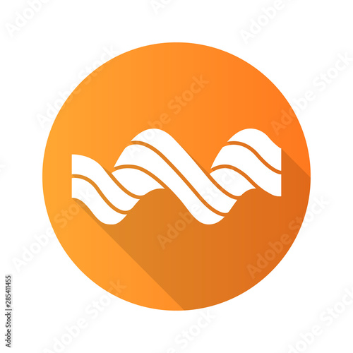 Sound spiral wave orange flat design long shadow glyph icon. Music rhythm, audio curled soundwave. Wavy line. Spectrum, vibration, noise curve. Digital waveform. Vector silhouette illustration
