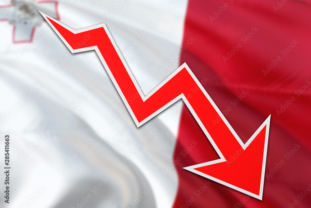Malta economy graph is indicating negative growth, red arrow going down with trend line. Business concept on national background. Malta economy graph is indicating negative growth, red arrow going down with trend line. Business concept on national background.