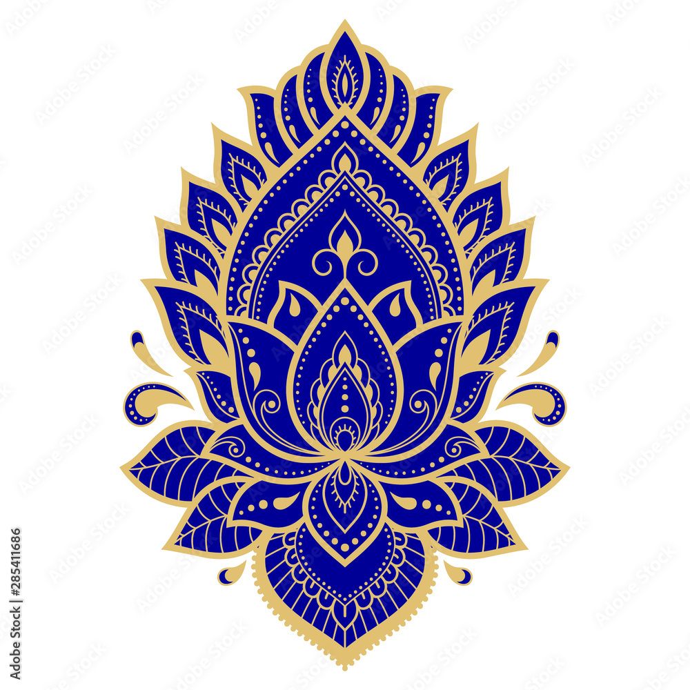 Colorful floral pattern for Mehndi and Henna drawing. Hand-draw lotus symbol. Decoration in ethnic oriental, Indian style. Blue design on white background.
