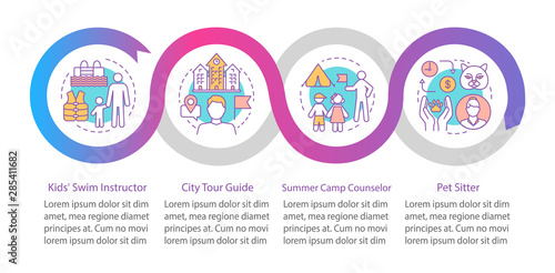 Summer part-time jobs vector infographic template. Business presentation design elements. Data visualization with four steps and options. Process timeline chart. Workflow layout with linear icons