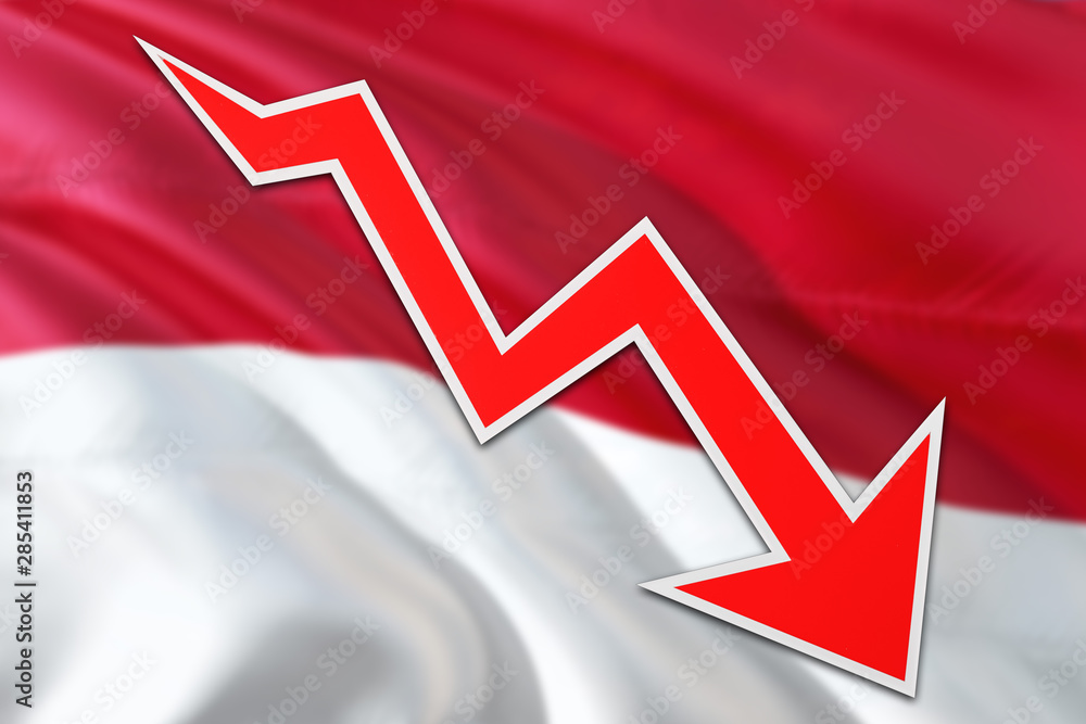 Monaco economy graph is indicating negative growth, red arrow going down with trend line. Business concept on national background. Monaco economy graph is indicating negative growth, red arrow going down with trend line. Business concept on national background.