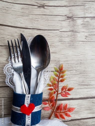 Thanksgiving autumn place setting with cutlery, autumn background, Autumn mood, Halloween, Holiday concept.Top View.