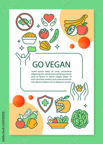 Vegetarian diet brochure template layout. Go vegan flyer, booklet, leaflet print design with linear illustrations. Natural food Vector page layouts for magazines, annual reports, advertising posters