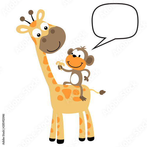 giraffe and monkey on white background, vector cartoon illustration