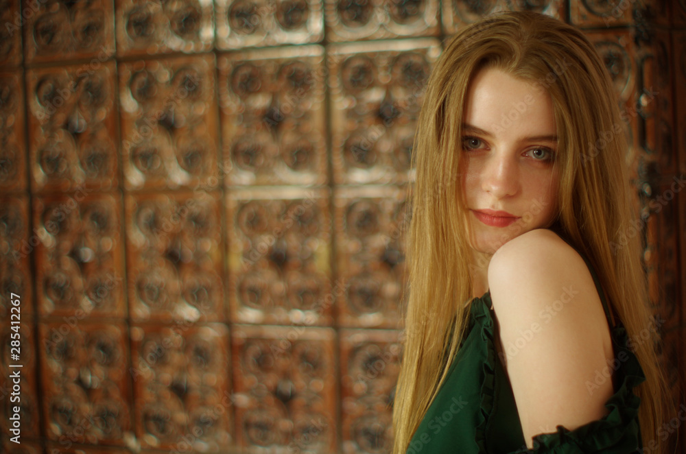 Fototapeta premium beautiful young blonde with long flowing hair and blue eyes in an old castle