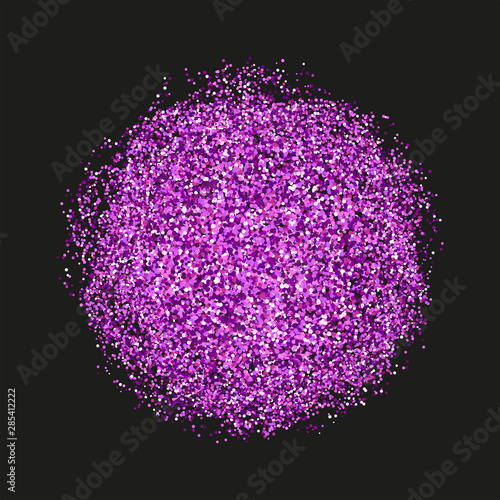 Purple sparkles and glitter powder spray frame. Sparkling glitter particles explosion on vector black transparent background. Purple round frame or luxury fireworks and confetti outburst