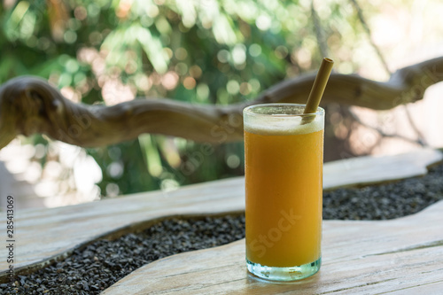 Zero waste concept with reuse bomboo straw, tropical delicious juice, Thai Bali seasonal, cool ice beverage for refreshing in summer on green nature bokeh background photo