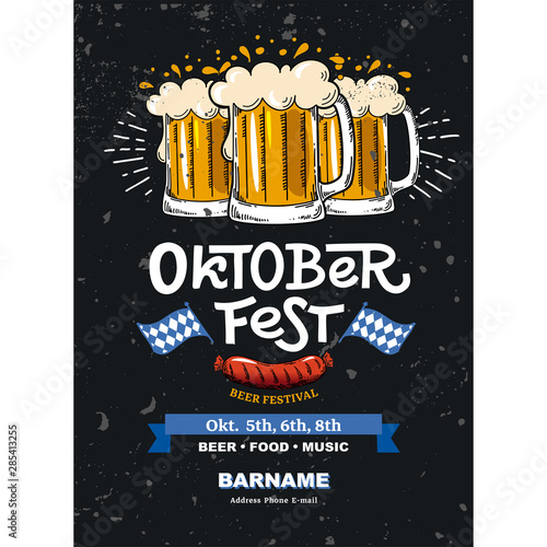 Lettering Oktoberfest. German beer festival in Munich. Concept design for poster. with mug of beer, pretzel. Template in style flat vector illustration for flyer.