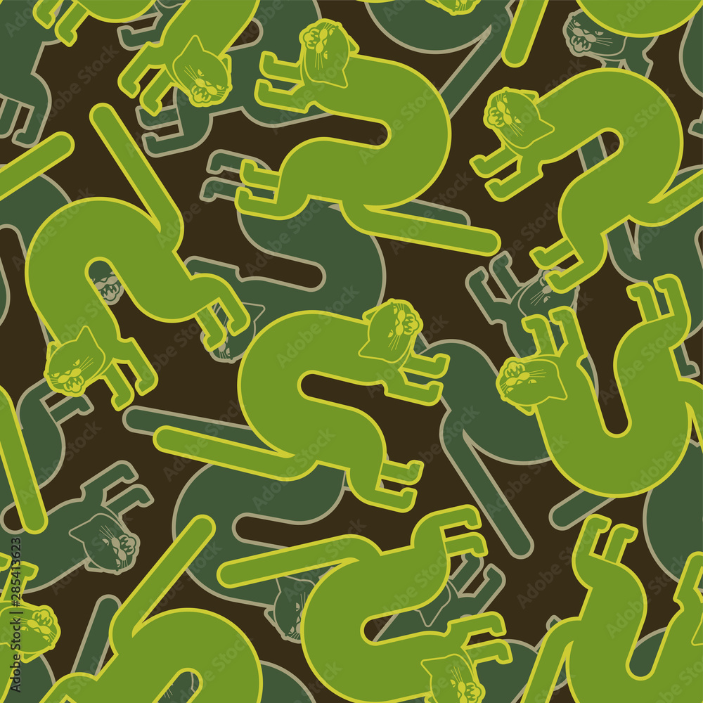 Angry cat military pattern seamless. Attacker pet army background. Hunter and soldier green ornament. Animal Protective vector texture Angry cat military pattern seamless. Attacker pet army background. Hunter and soldier green ornament. Animal Protective vector texture