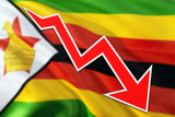 Zimbabwe economy graph is indicating negative growth, red arrow going down with trend line. Business concept on national background.