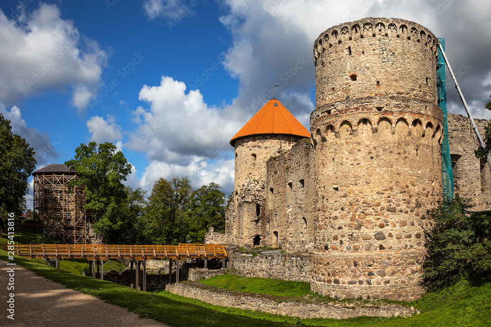 Magnificent ruins of the medieval Livonian castle in Cesis town, Latvia
