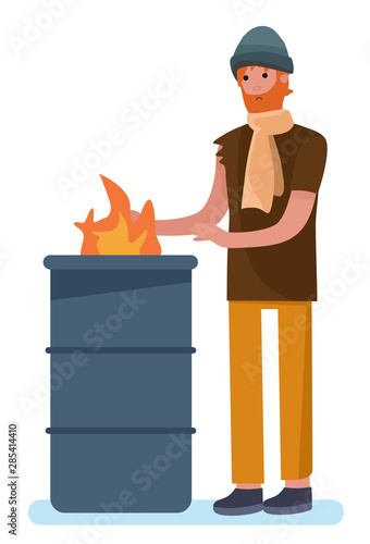 bearded man warming his hands by fire. homeless man standing near burning garbage in barrel homeless jobless concept. cartoon style vector illustration isolated on white background.