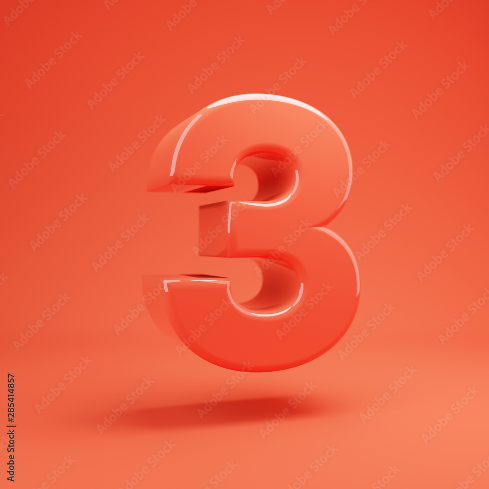 Number 3. Living Coral font with glossy reflections and shadow Number 3. Living Coral font with glossy reflections and shadow