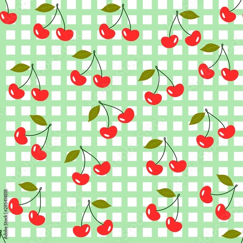 Seamless pattern with red cherries , summer fruits, vector drawing, checkered background and cherry