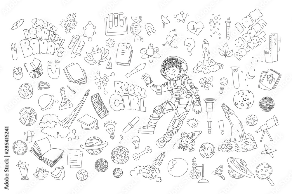 Obraz premium Cute cartoon icons on science, school, study theme. Physics, chemistry, astronomy and other sciences - vector illustrations of icons for children. Back to school educational icons, science cartoon