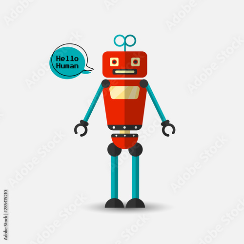 Retro vintage funny vector robot icon in flat style isolated on grey background. Vector vintage illustration of flat Chatbot icon. Customer support service chat bot. Cute cartoon retro robot icon