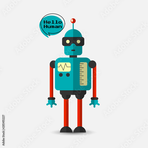 Retro vintage funny vector robot icon in flat style isolated on grey background. Vector vintage illustration of flat Chatbot icon. Customer support service chat bot. Cute cartoon retro robot icon