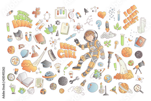Cute cartoon icons on science, school, study theme. Physics, chemistry, astronomy and other sciences - vector illustrations of icons for children. Back to school educational icons, science cartoon