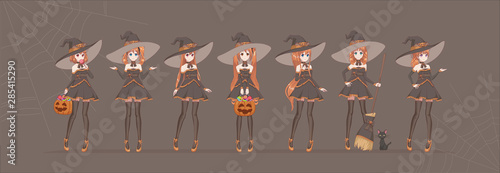 Halloween Anime manga black witch in various poses