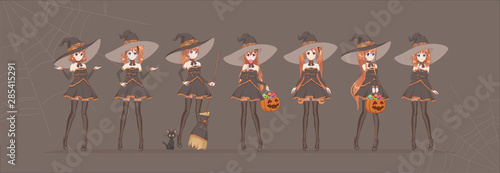 Halloween Anime manga black witch in various poses