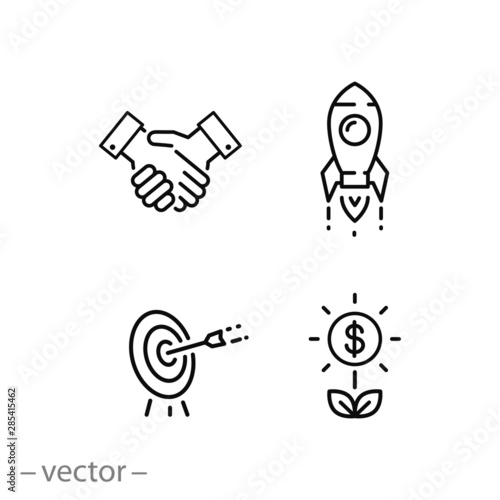 startup innovation icon set, financial investor, entrepreneur, marketing target, thin line web symbols on white background - editable stroke vector illustration eps10