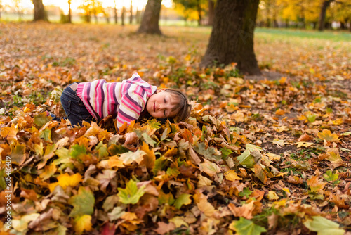 Little girl resting on bed of fall leaves