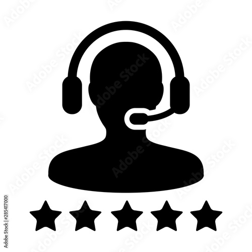 Award icon vector male support customer care service person profile avatar with a headphone and a star rating for online assistant in glyph pictogram illustration