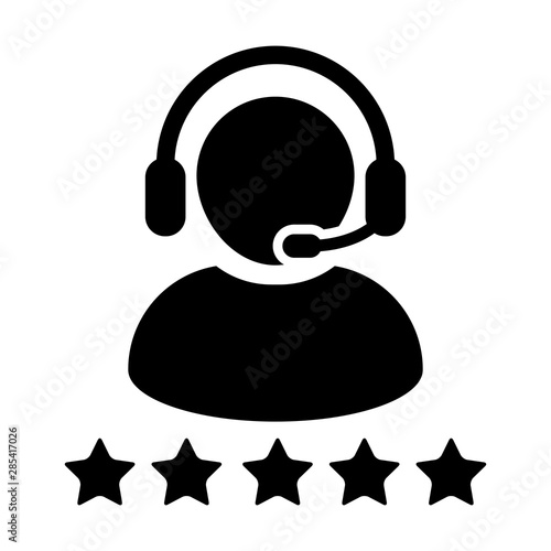 Testimonial icon vector male support customer care service person profile avatar with a headphone and a star rating for online assistant in glyph pictogram illustration