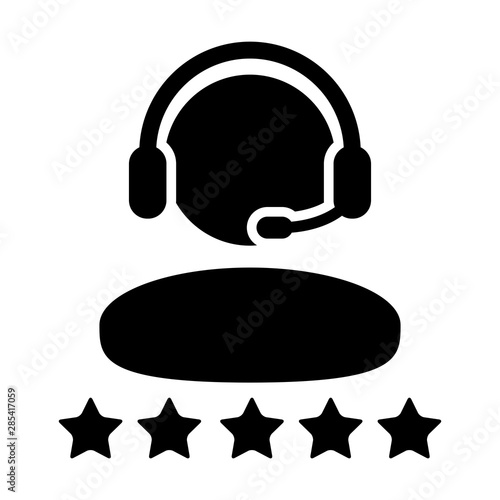 Support icon vector male customer care service person profile avatar with a headphone and a star rating for online assistant in glyph pictogram illustration
