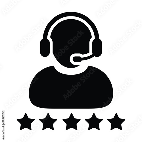 Business support icon vector male customer care service person profile avatar with a headphone and a star rating for online assistant in glyph pictogram illustration