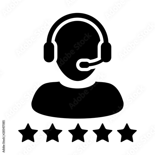 Call center icon vector male support customer service person profile avatar with a headphone and a star rating for online assistant in glyph pictogram illustration