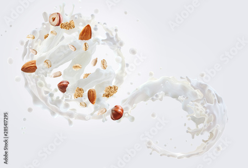 Fototapete Fresh milk, cream 3D splash with cereals, hazelnuts, almonds, cornflakes, milk drops isolated on milky background