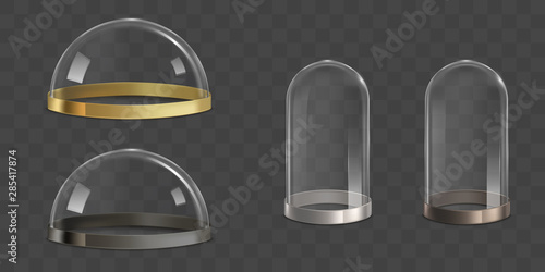 Glass domes, bell jars with golden, silver, bronze and metallic border stripe on bottom realistic vector set isolated on transparent background. Jewelry store, museum exhibit safety cover illustration photo