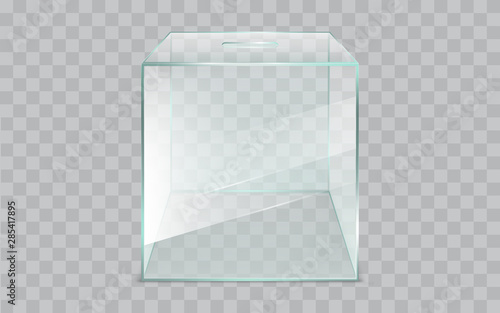 Empty, glass ballot box, square, sealed container with slot 3d realistic vector illustration isolated on transparent background. Democratic elections, fair and clear voting process technology element