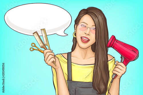 Portrait of happy smiling professional female hairdresser in apron, holding scissors, combs and hair dryer in hands pop art vector illustration. Beauty salon, barbershop ad banner with speak cloud