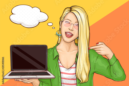 Electronics devices shop pop art vector ad banner, poster template with speak cloud. Happy smiling, excited blonde caucasian woman holding computer in hand, pointing on laptop on palm illustration