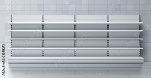 Grocery store, clothing shop, marker or supermarket long, wooden rack with empty shelves standing in trade room with tiled walls and floor 3d realistic vector. Retail industry furniture illustration