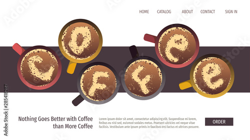 Web page design template for coffee, cafe bar, coffee shop and e-commerce. Group of coffee mugs with cream letters. Vector illustration for poster, banner and website.
