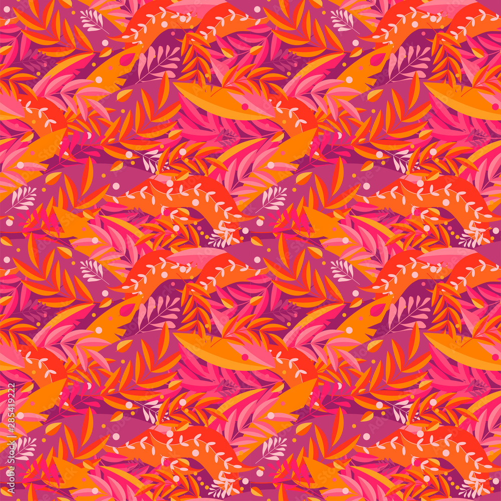 Seamless pattern of red and orange leaves, flowers and grass. Bright autumn background in vector. Textile, fabric, wrapping paper, web sites, design any surface. Naive, simple