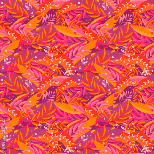 Seamless pattern of red and orange leaves, flowers and grass. Bright autumn background in vector. Textile, fabric, wrapping paper, web sites, design any surface. Naive, simple