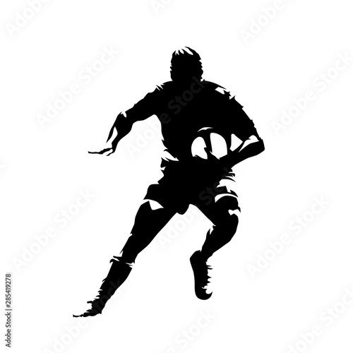 Rugby player running with ball in hands, front view. Isolated vector silhouette