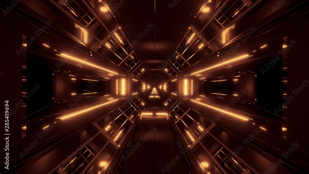 dark space sci-fi tunnel airship corridor fly through vj loop 3d illustration with golden glow