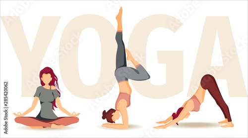 Vector illustration with Women performing yoga poses. The concept of wellness, flexibility and endurance, Yoga Day, healthy lifestyle, sport. Poster, banner, card, cover design.
