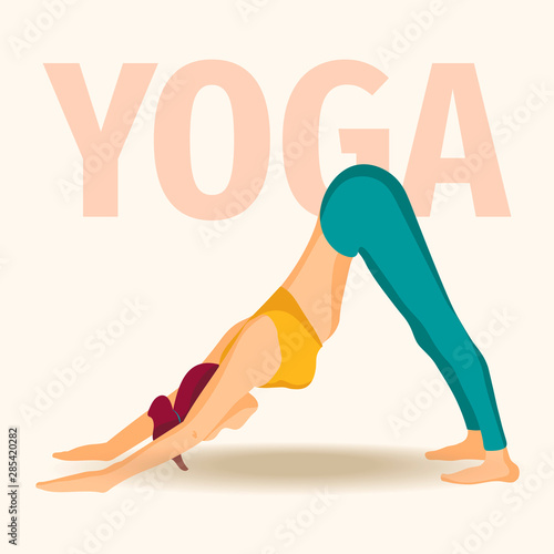 Card design with woman standing in the downward-facing dog position. The concept of yoga, flexibility and endurance, healthy lifestyle. Vector illustration for postcard, poster, banner, card.